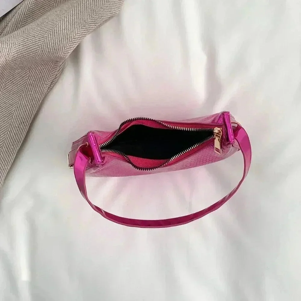 Hot Pink Elegant Women's Metallic Snakeskin Embossed Hobo Bag - Picture 4 of 4